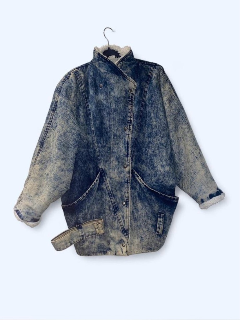 Sherpa-Lined Oversized Acid-Wash Denim Jacket - Blue